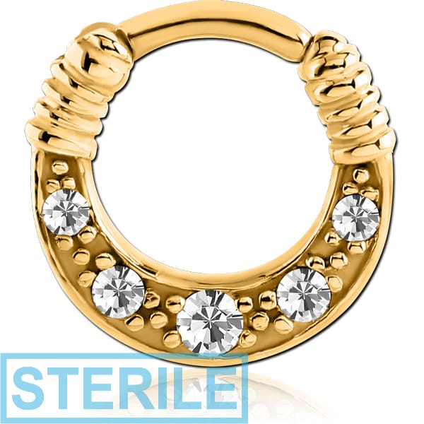 STERILE GOLD PVD COATED SURGICAL STEEL ROUND JEWELLED HINGED SEPTUM CLICKER