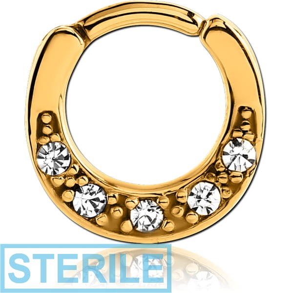 STERILE GOLD PVD COATED SURGICAL STEEL ROUND JEWELLED HINGED SEPTUM CLICKER