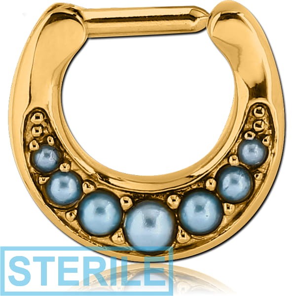 STERILE GOLD PVD COATED SURGICAL STEEL ROUND JEWELLED HINGED SEPTUM CLICKER