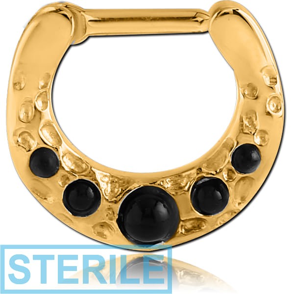 STERILE GOLD PVD COATED SURGICAL STEEL ROUND JEWELLED HINGED SEPTUM CLICKER WITH SYNTHETIC ONYX