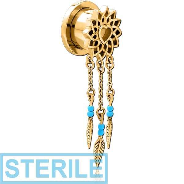 STERILE GOLD PVD COATED STAINLESS STEEL THREADED TUNNEL WITH SURGICAL STEEL TOP
