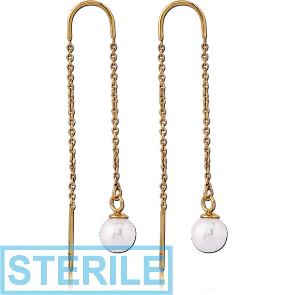STERILE STERLING SILVER 925 GOLD PVD COATED CHAIN EARRINGS PAIR WITH PEARL