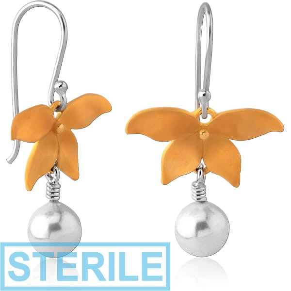 STERILE STERLING SILVER 925 GOLD PVD COATED EARRINGS PAIR WITH DANGLING SHELL PEARL - FLOWER