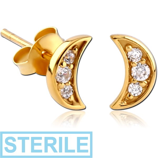 STERILE STERLING SILVER 925 GOLD PVD COATED JEWELLED EAR STUDS PAIR - CRESCENT