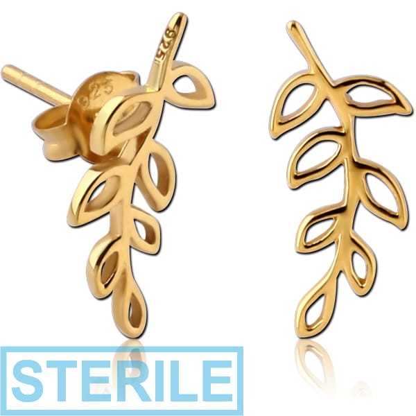 STERILE STERLING SILVER 925 GOLD PVD COATED EAR STUDS PAIR - LEAF