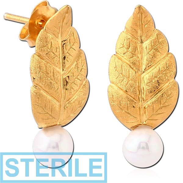 STERILE STERLING SILVER 925 GOLD PVD COATED EAR STUD PAIR - LEAF