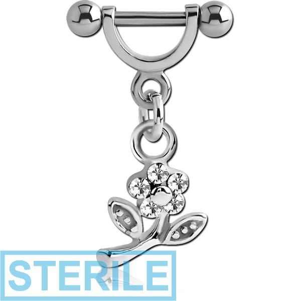 STERILE SURGICAL STEEL HELIX SHIELD WITH RHODIUM PLATED JEWELLED FLOWER CHARM