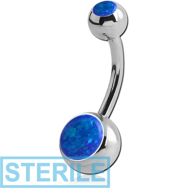STERILE SURGICAL STEEL INTERNALLY THREADED DOUBLE JEWELLED NAVEL BANANA WITH SYNTHETIC OPAL