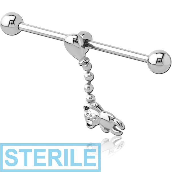 STERILE SURGICAL STEEL INDUSTRIAL BARBELL WITH ADJUSTABLE SLIDING CHARM- BEAR