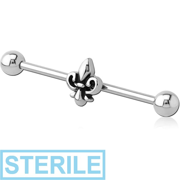 STERILE SURGICAL STEEL INDUSTRIAL BARBELL WITH ADJUSTABLE SLIDING CHARM - FLEUR DE LIS