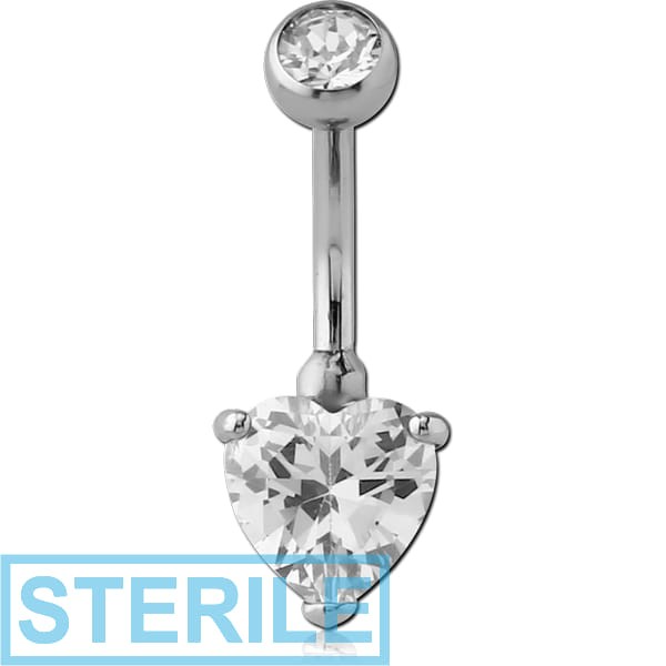 STERILE SURGICAL STEEL INTERNALLY THREADED DOUBLE JEWELLED NAVEL BANANA-BOTTOM HEART PRONG SET