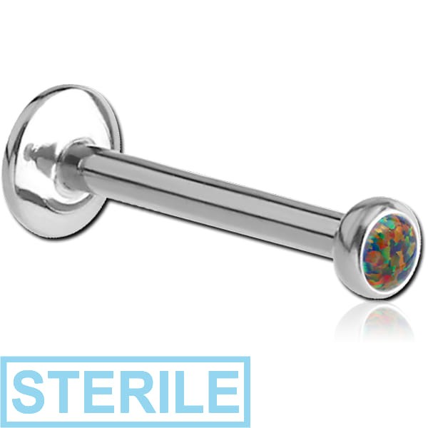 STERILE SURGICAL STEEL INTERNALLY THREADED LABRET WITH SYNTHETIC OPAL JEWELLED DISC