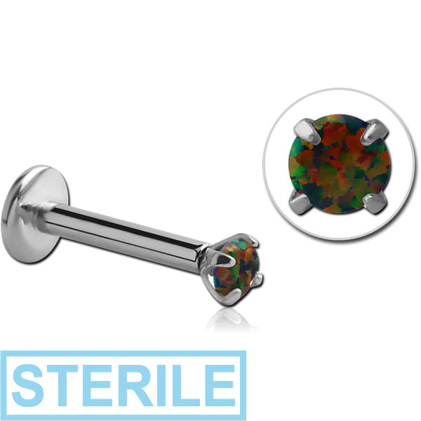 STERILE SURGICAL STEEL INTERNALLY THREADED LABRET WITH PRONG SET ROUND SYNTHETIC OPAL ATTACHMENT