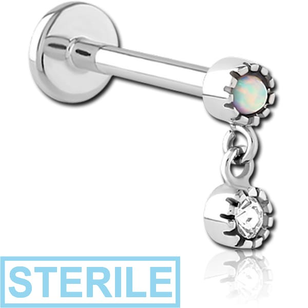 STERILE SURGICAL STEEL INTERNALLY THREADED SYNTHETIC OPAL JEWELLED MICRO LABRET