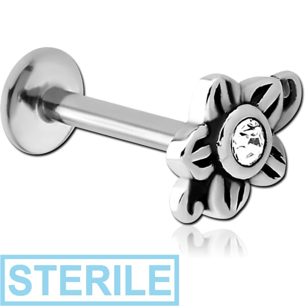 STERILE SURGICAL STEEL INTERNALLY THREADED JEWELLED MICRO LABRET - FLOWER