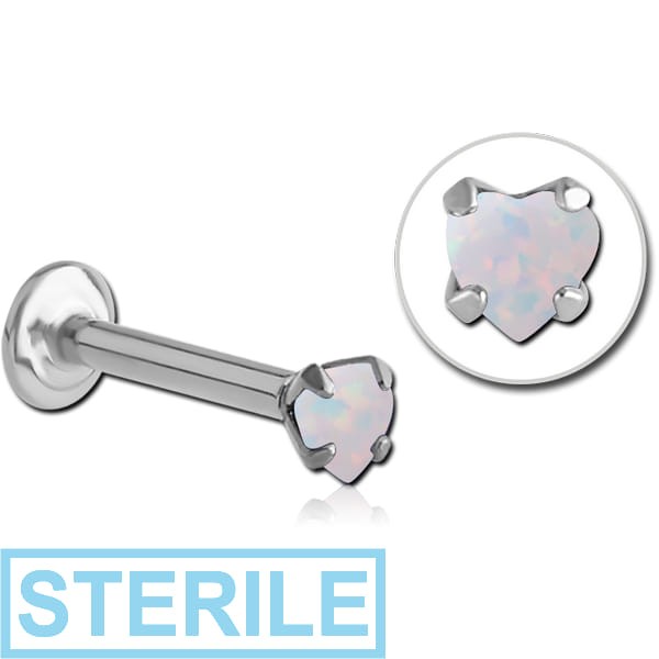 STERILE SURGICAL STEEL INTERNALLY THREADED MICRO LABRET WITH PRONG SET HEART SYNTHETIC OPAL ATTACHMENT