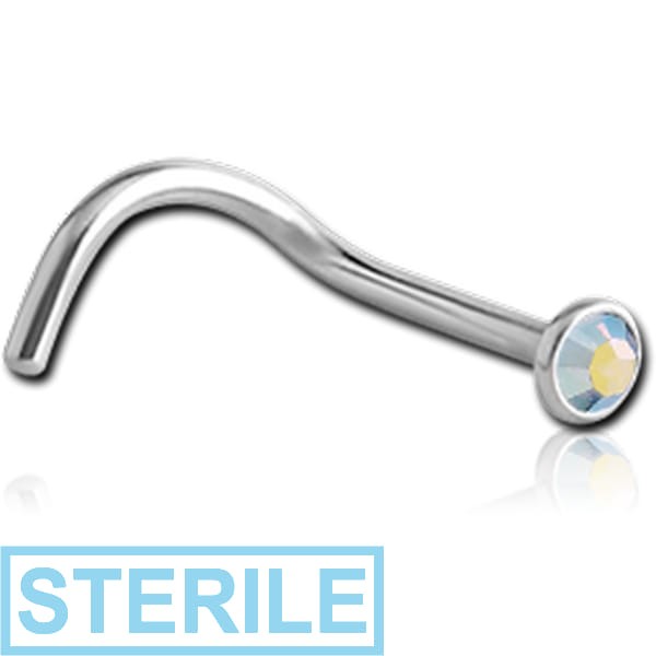 STERILE SURGICAL STEEL JEWELLED CURVED NOSE STUD WITH GLUED STONE
