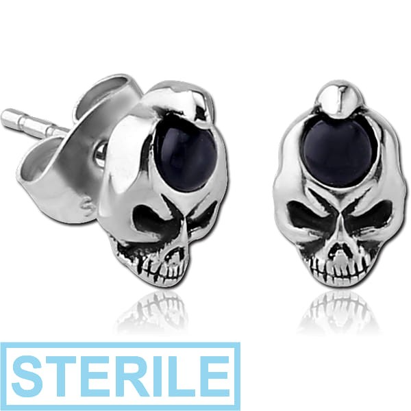 STERILE SURGICAL STEEL EAR STUDS PAIR WITH ONYX - SKULL