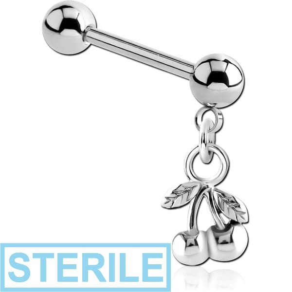 STERILE SURGICAL STEEL MICRO BARBELL WITH DANGLING CHARM - CHERRIES