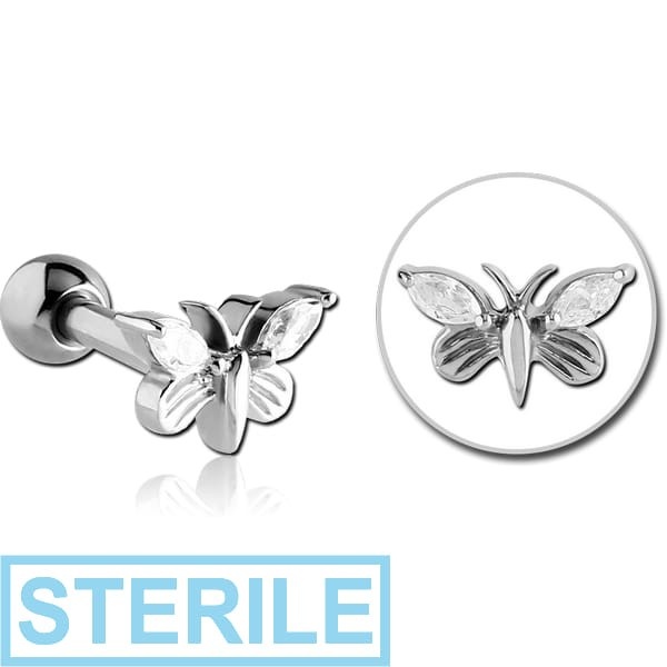 STERILE SURGICAL STEEL JEWELLED TRAGUS MICRO BARBELL - BUTTERFLY