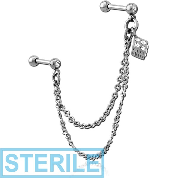 STERILE SURGICAL STEEL JEWELLED TRAGUS MICRO BARBELLS CHAIN LINKED - RUBIK