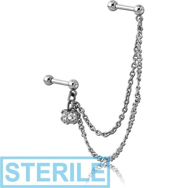 STERILE SURGICAL STEEL JEWELLED TRAGUS MICRO BARBELLS CHAIN LINKED - BOX
