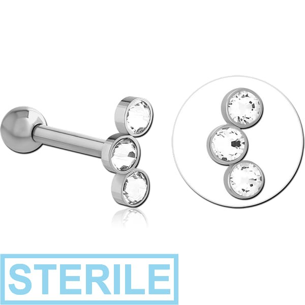 STERILE SURGICAL STEEL TRIPLE HIGH END CRYSTAL JEWELLED TRAGUS MICRO BARBELL