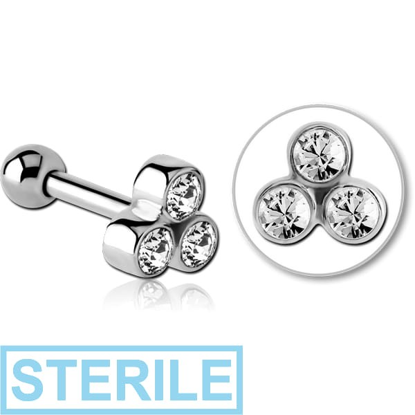 STERILE SURGICAL STEEL TRIPLE JEWELLED TRAGUS MICRO BARBELL