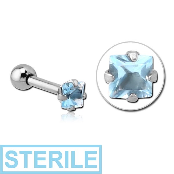 STERILE SURGICAL STEEL SQUARE PRONG SET JEWELLED TRAGUS MICRO BARBELL