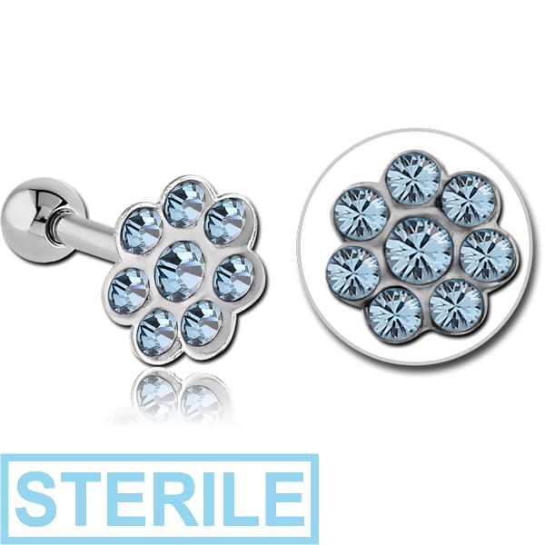 STERILE SURGICAL STEEL JEWELLED FLOWER TRAGUS MICRO BARBELL