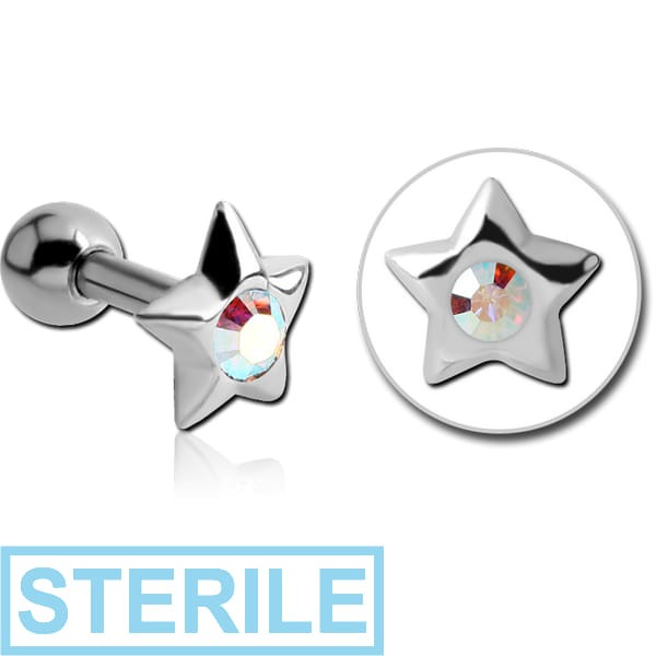 STERILE SURGICAL STEEL JEWELLED STAR TRAGUS MICRO BARBELL