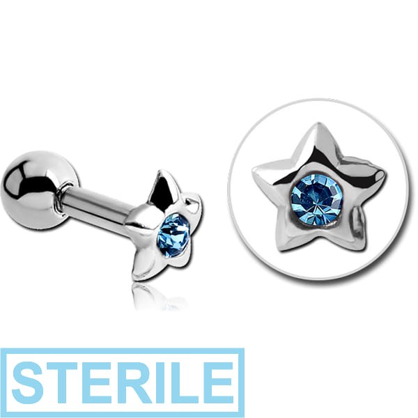 STERILE SURGICAL STEEL JEWELLED STAR TRAGUS MICRO BARBELL