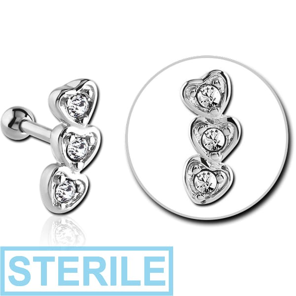 STERILE SURGICAL STEEL JEWELLED TRAGUS MICRO BARBELL - THREE HEARTS