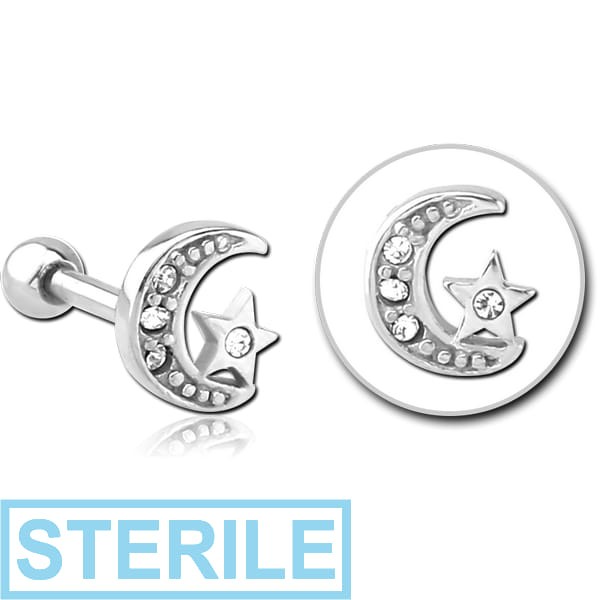 STERILE SURGICAL STEEL JEWELLED TRAGUS MICRO BARBELL - CRESCENT AND STAR