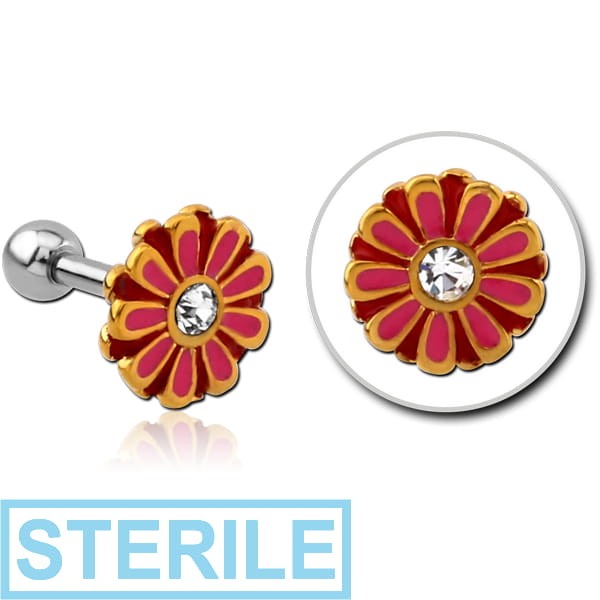 STERILE SURGICAL STEEL TWO TONE TRAGUS MICRO BARBELL WITH ENAMEL - FLOWER