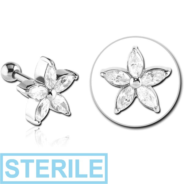 STERILE SURGICAL STEEL JEWELLED TRAGUS MICRO BARBELL - FLOWER