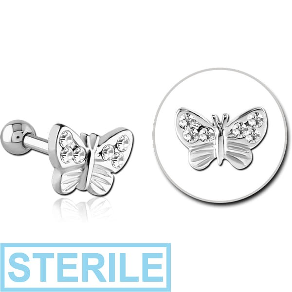 STERILE SURGICAL STEEL JEWELLED TRAGUS MICRO BARBELL - BUTTERFLY