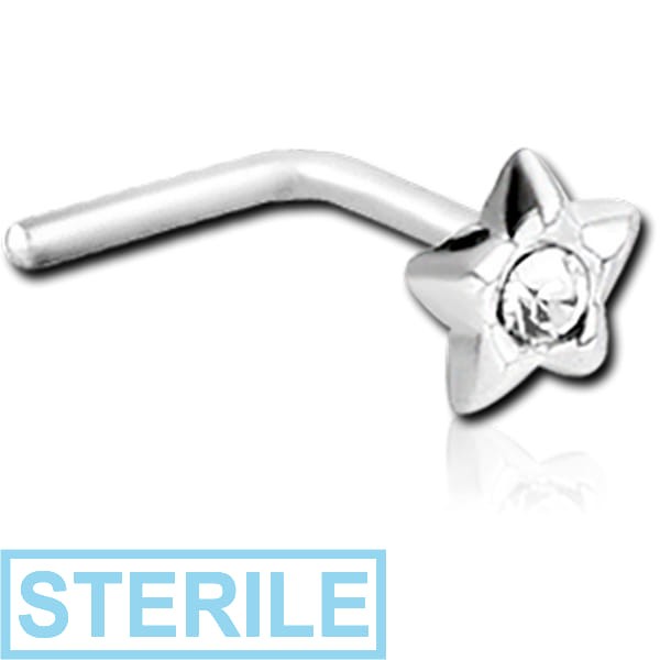 STERILE STERLING SILVER 925 JEWELLED STAR 90 DEGREE NOSE STUD
