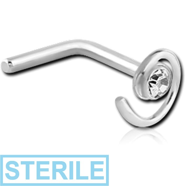 STERILE STERLING SILVER 925 JEWELLED SPIRAL 90 DEGREE NOSE STUD
