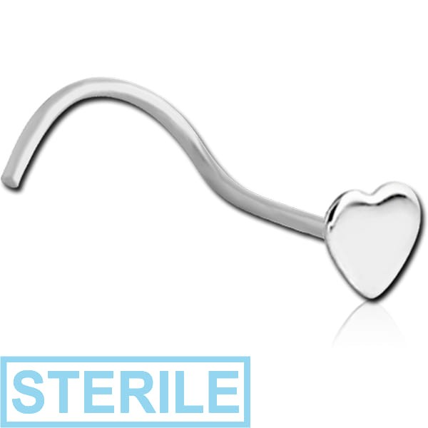 STERILE STERLING SILVER 925 JEWELLED HEART CURVED NOSE STUD