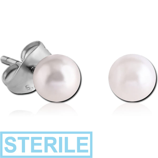 STERILE PAIR OF SYNTHETIC PEARL BALL EAR STUDS