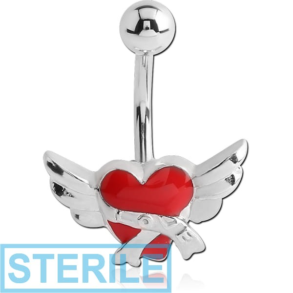 STERILE RHODIUM PLATED FASHION NAVEL BANANA - WINGED HEART