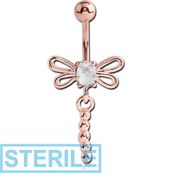 STERILE ROSE GOLD PVD COATED BRASS JEWELLED DRAGONFLY DANGLING NAVEL BANANA
