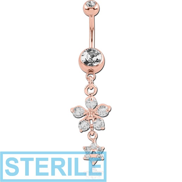 STERILE ROSE GOLD PVD COATED SURGICAL STEEL DOUBLE JEWELLED NAVEL BANANA WITH FLOWER CHARM
