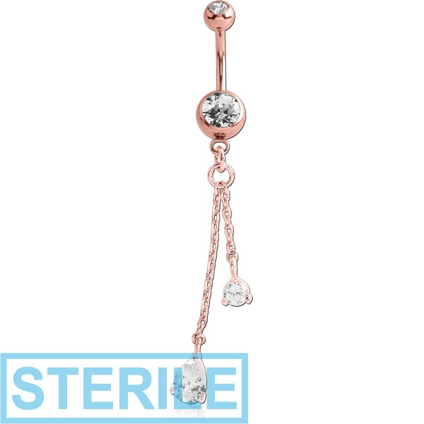 STERILE ROSE GOLD PVD COATED SURGICAL STEEL DOUBLE JEWELLED NAVEL BANANA WITH CHARM