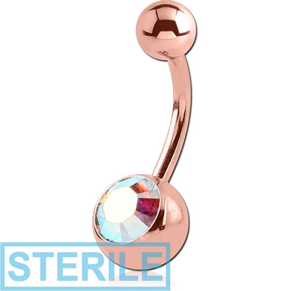 STERILE ROSE GOLD PVD COATED SURGICAL STEEL SWAROVSKI CRYSTAL JEWELLED NAVEL BANANA