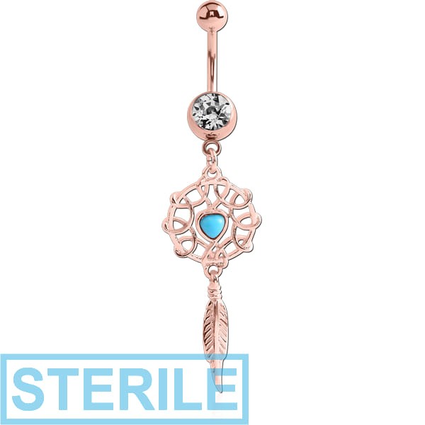 STERILE ROSE GOLD PVD COATED SURGICAL STEEL JEWELLED NAVEL BANANA WITH DANGLING CHARM - DREAMCATCHER FEATHER
