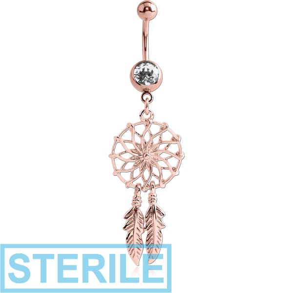 STERILE ROSE GOLD PVD COATED SURGICAL STEEL JEWELLED NAVEL BANANA WITH DANGLING CHARM - DREAMCATCHER FEATHER