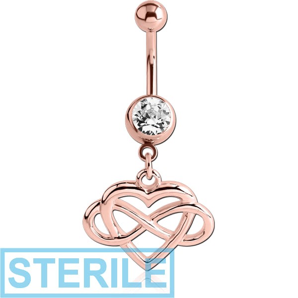 STERILE ROSE GOLD PVD COATED BRASS JEWELLED NAVEL BANANA WITH DANGLING CHARM - ENTANGLED HEART AND INFINITY