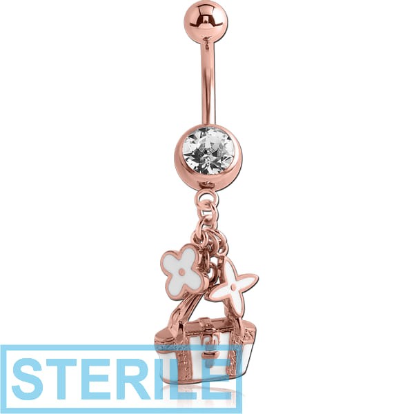 STERILE ROSE GOLD PVD COATED SURGICAL STEEL JEWELLED NAVEL BANANA WITH DANGLING ENAMEL CHARM - HANDBAG